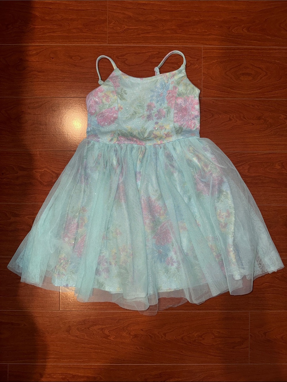 Girls Sparkle Floral Tulle Dress - Light Blue